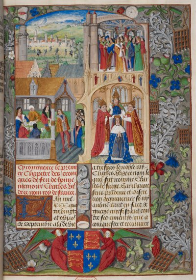 Royal 20 E. V, f.8 Kroning af Charles VII, scener fra 