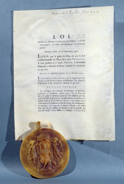 Kongelig anordning af Ludvig XVI, der bekræfter de franske biskoppers og præsters forpligtelse til at sværge en ed om troskab til præsteskabets civile forfatning, 16. december 1790 (trykt papir og vokssegl) af French School