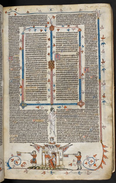 Royal MS 10 E IV f.66r, bas-de-page scene af en ridder, der dukker op fra et slot, ca. 1300-40 (pen & blæk og tempera på pergament) af French School