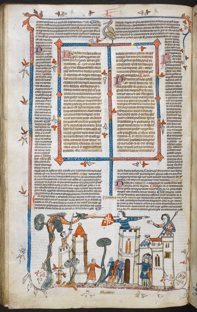Royal MS 10 E IV f.88v, en bas-de-page scene af en drage, der angriber et slot, ca. 1300-40 (pen & blæk og tempera på pergament) af French School