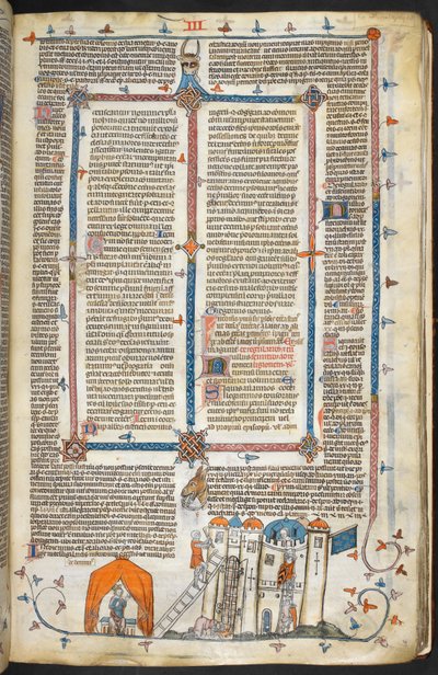 Royal MS 10 iv f.202r Angreb på et befæstet slot og marginaldekoration, illustration fra 