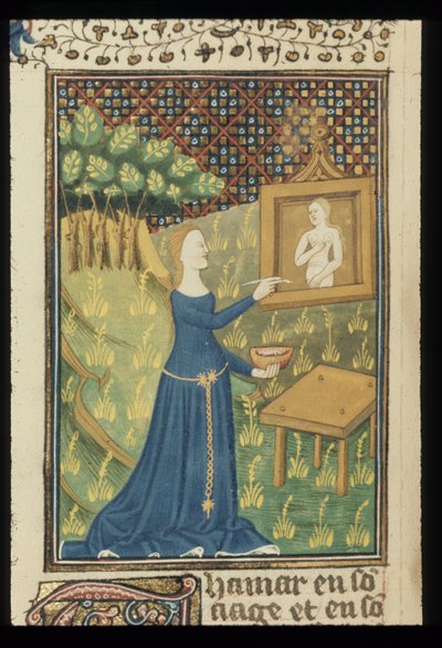 Royal MS 16 G V f.068v Side fra De claris mulieribus i en anonym fransk oversættelse (Le livre de femmes nobles et renomées) af Giovanni Boccaccio, c.1440 (farve & guld på vellum) af French School