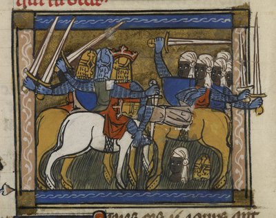 Royal MS 19 D I, f.77v Slaget ved Genghis Khan og Prester John, fra 