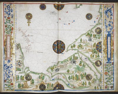 Royal MS 20 E IX f.11v til f.12r Kort over Asiens og Afrikas kyster fra Cape Comorin til Kap Delgado, inklusive Den Persiske Golf og Det Røde Hav, fra 