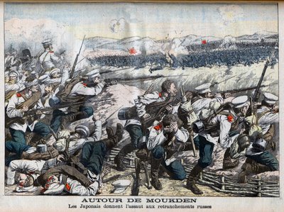 Russisk-japansk krig - japansk angreb på russiske skyttegrave ved Mukden, russisk-japansk krig. Omkring Moukden. Japanerne stormer de russiske skanser. Illustration til Le petit Journal, 2. oktober 1904. af French School