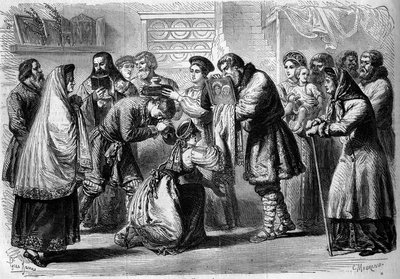 Russisk skik - Bryllup - 1860: pre-bryllup ceremoni. Gudfar og gudmor velsigner fremtidige ægteskaber. Gudfaderen præsenterer dem billedet af Kristus eller Jomfruen, symbol på religiøs indvielse. Gudmoderen holder brød og salt over hovedet på af French School