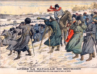 Russisk-japansk krig - Efter slaget ved Mukden Den russiske kommandant, general Kuropatkin, beordrede sin hær tilbage. Russisk-japanske krig (1904-1905) - Efter slaget ved Mukden. General Kuropatkin beordrer sine tropper til at trække sig tilbage. Illustra af French School
