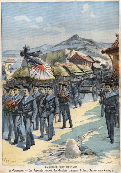 Russisk-japanske krig I Chemulpo giver japanerne den sidste hæder til to sømænd fra Virag. Le Petit Parisien l af 3. april af French School