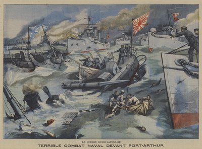 Russisk-japansk krig: søslag ud for Port Arthur (farve litho) af French School