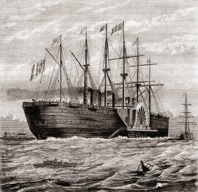 SS Great Eastern, jernsejlende dampskib designet af Isambard Kingdom Brunel, fra Les Merveilles de la Science, udgivet ca. 1870 (gravering) af French School
