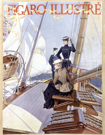 Sejlads: kvinder på dækket af en båd - tegning i "" Figaro illustreret"" fra 1891, Arts Deco. af French School