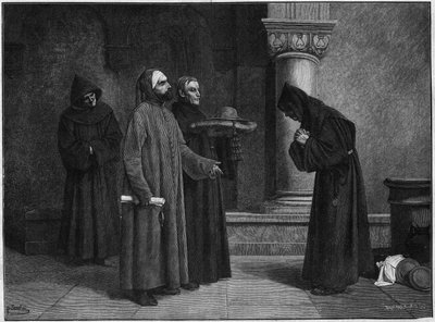 Saint Bonaventure (Giovanni di Fidanza, kendt som Doctor Seraphique, San Bonaventura) (1221-1274) modtager kardinalens hat. Han blev indviet til kardinal-Eveque af Albano i 1273 af Gregoire X i 1273. Indgravering af Bauchart fra Santars maleri. af French School