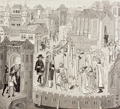 Saint Gaugericus, biskop af Cambrai, ankommer til byen for sin udnævnelse, fra 