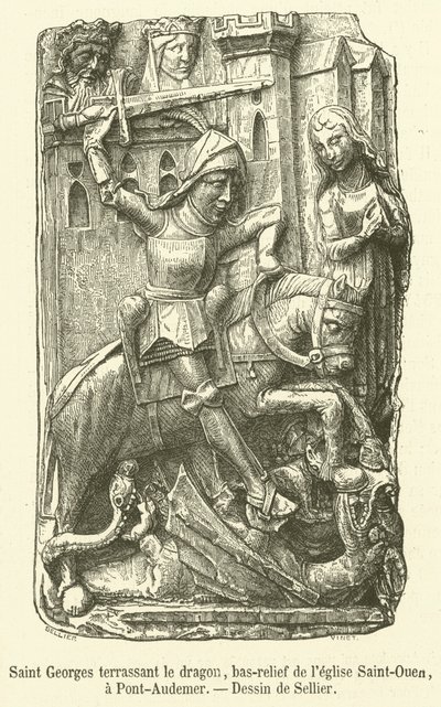 Saint George dræber dragen, basrelief af Saint-Ouen kirken, i Pont-Audemer (gravering) af French School