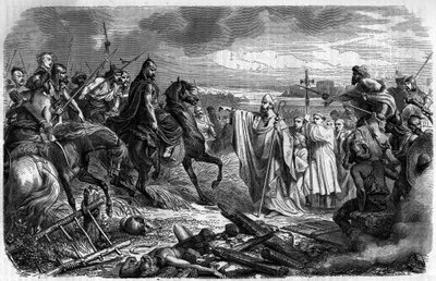 Saint Loup (eller Saint-Loup, v.383-479), eveque af Troyes redder byen fra Attilas (v. 406-453), kongen af Huns-stammernes, vrede i 451 - Barbarinvasioner - Indgravering i "Histoire des" Papes-King-Queen-and-Empereurs a travers les centuries” af Ma af French School