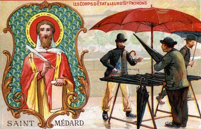 Saint Médard, skytshelgen for paraplysælgere, ca. 1910 (farve litho) af French School