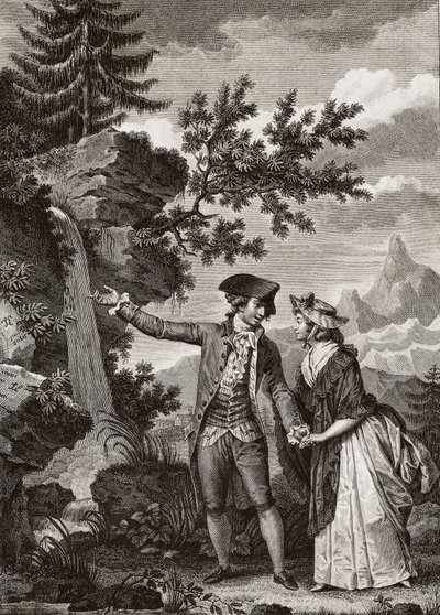 Saint Preux og Julie gravering fra 1793 til "Julie ou la nouvelle Heloise" af den schweiziske filosof Jean Jacques (Jean-Jacques) Rousseau (1712-1778) - Julie og Saint-Preux, illustration fra 