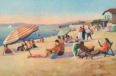 Saint Tropez: Bouillabaisse-stranden (farvelitografi) af French School