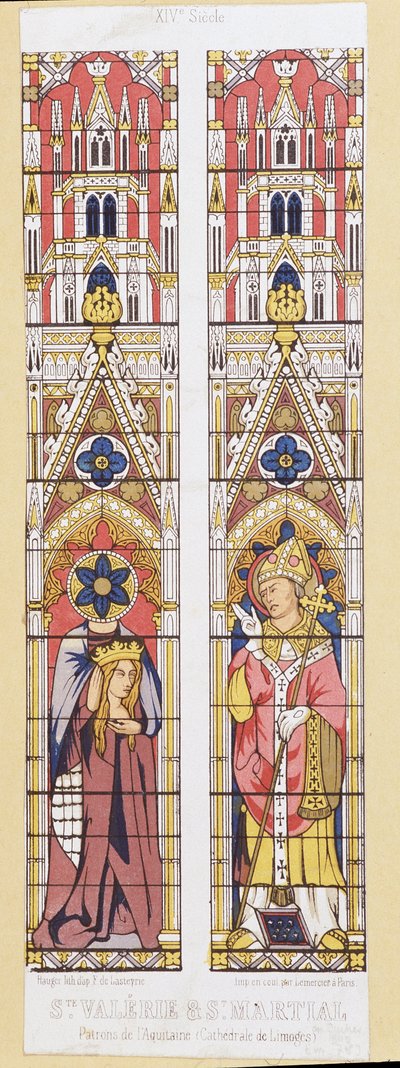 Saint Valerie, jomfru og martyr i Limoges (3. århundrede) og Saint Martial, eveque af Limoges (3. århundrede), protektorer af Aquitaine. Fac-lignelse, der gengiver de farvede glasvinduer i Cathedrale de Limoges. af French School