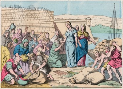 Sainte Genevieve distribuerer mad til folket under belejringen af Paris af Hunnernes hær af Attila i 451 (barbariske invasioner) - Sainte Genevieve og befolkningen i Paris - Indgravering af slutningen af det 19. århundrede i "Nos Gires Nationales - Billede af French School