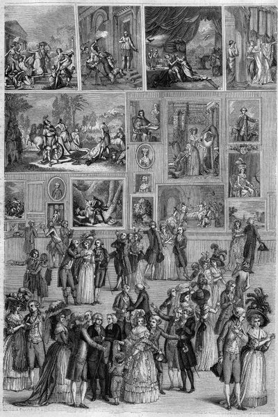 Salon de 1787: udsigt over Salon Carre ved Louvre under maleriudstillingen i Paris. Gravering af Martini i ""The Picturesque Store"" af French School