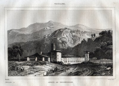Santa Maria di Vallombrosa benediktinerkloster beliggende i kommunen Reggello, i Toscana - Vallombrosa kloster - Gravering fra "" Italy Picturesque"" - Historisk og beskrivende maleri af Italien"" af M. de Norvins, Ch. Nodier 1834-1836. af French School