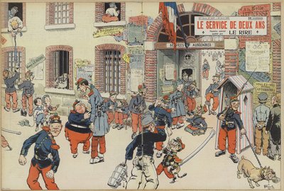 Satire over indførelse af værnepligt i den franske hær. Illustration til Le Rire (farve litho) af French School