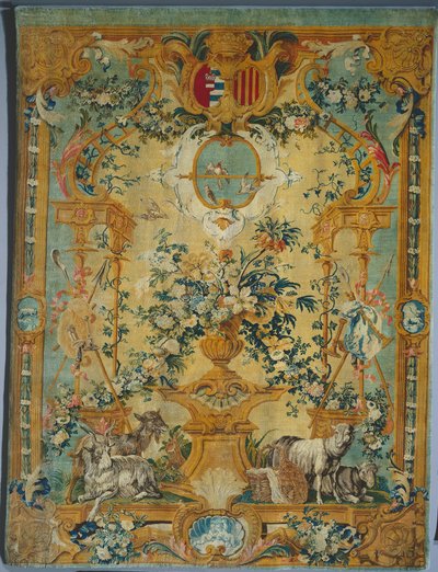 Savonnerie Panel: Fjeder med våbenskjold, fabrikant Savonnerie Factory, Frankrig, før 1717 af French School