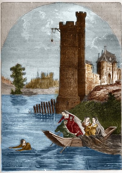 Skandale (affære) om tårnet i Nesle: Buridan formåede at flygte fra tårnet i Nesle i Paris i 1314 på trods af bagholdet sat af dronning Marguerite af Bourgogne (1290-1315). Indgravering i "Histoire de la prostitution et de la debauche dans les peuples du g af French School