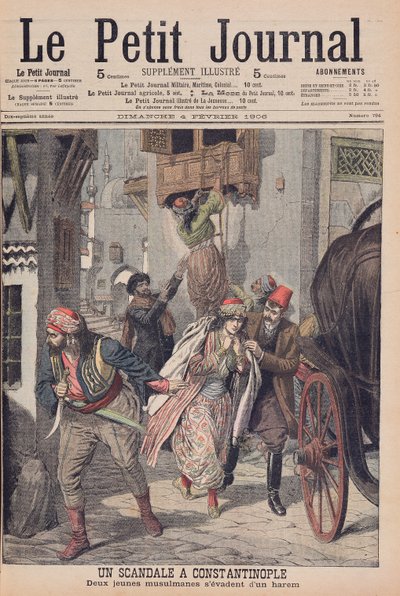 Skandale i Konstantinopel, to unge muslimske damer, der flygter fra et harem, illustration fra 