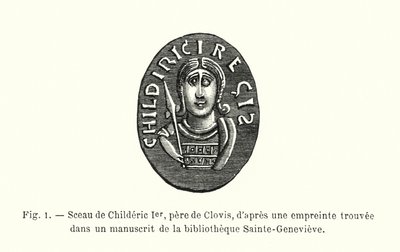 Segl af Childeric I, far til Clovis, fra et aftryk fundet i et manuskript i Sainte-Genevieve-biblioteket (gravering) af French School