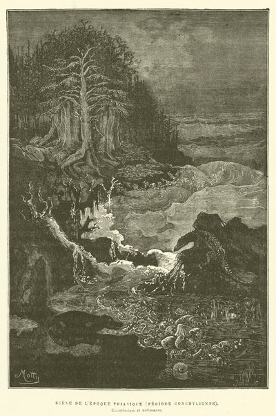 Scene fra triasperioden (konkyliansk periode) (gravering) af French School