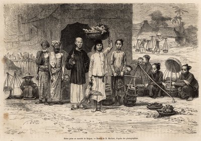 Scene du marche de Saigon, gravering efter en tegning af D. Maillard, illustrerende rejsen til Cochinchine, af Doctor Morice, i 1872, udgivet i "" Le tour du monde"" 1875, redigeret af Edouard Charton, Hachette-udgaven, Paris. Selva samling. af French School