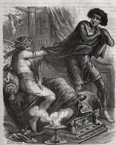 Scene fra Bibelen: "" Hun greb den alt for dydige unge mand ved hans tunika""". Putifars (Potifar) hustru forsøger at forføre Josef, en slave af faraoen. Indgravering fra 1871 i "Histoire Des Cocus Celebres"" af Henry de Kock (1819-1892). af French School