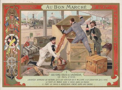 Scene fra romanen Les Cinq Sous de Lavarede, af Paul Ivoi (chromolitho) af French School