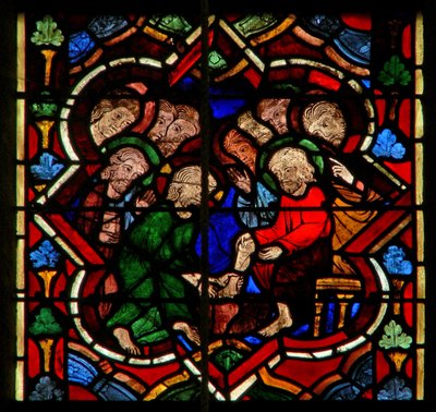 Scene i E-vinduet, der viser Kristus vasker sine disciples fødder af French School