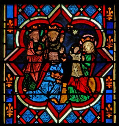 Scene i E-vinduet, der viser tilbedelsen af Magi af French School