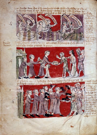 Scene for studielivet på Hubant College eller Ave Maria i Paris Scener fra studielivet og colleges regler. Strimler 4 til 6. Manuskriptside "" Livre des statutes du College de Hubant ou de l