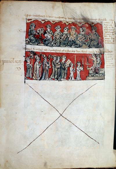 Scene for studielivet på Hubant College eller Ave Maria i Paris Scener fra studielivet (bønner) og collegereglementet. Bånd 32 til 33. Manuskriptside "" Livre des statutes du College de Hubant ou de l