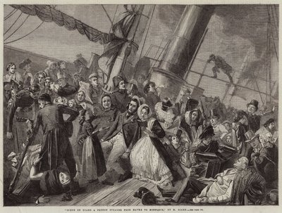 Scene om bord på en fransk dampskib fra Havre til Honfleur (gravering) af French School