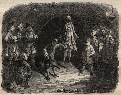 Tyveskole skabt af briganden Louis Dominique Garthausen dit Cartridge (1693-1721) i en karriere i Paris: en model hængt i loftet, hvis lommer skulle tømmes uden at bevæge sig, for at modtage en regn af skud - Tyveskolen af French School
