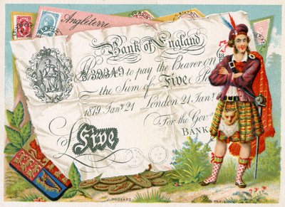 Schottischer Soldat, der eine Bank of England Fünf-Pfund-Note bewacht, 1886-95 von French School