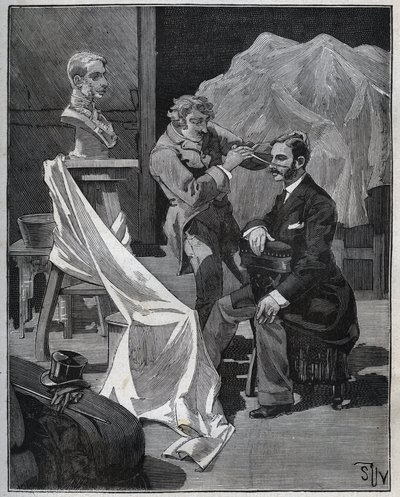 Skulptur, værksted af en billedhugger, fokus og skulptur af en buste. Indgravering fra 1880 i "" Les arts et metiers illustres"" af Adolphe BITARD. af French School