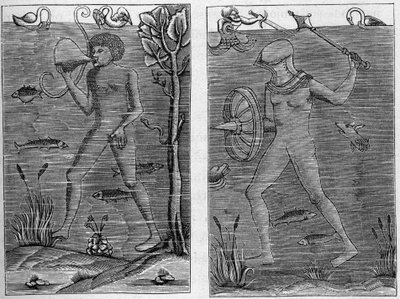 Søsoldat: dykkeren og våbenmanden. Stik fra træfigurer fra 1500-tallet. I "La Marine et les kolonier: handel" af French School