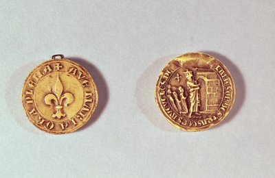 Forsegling og kontrasegl fra Quinze-Vingts Hospital, der viser St. Louis, der fører blinde ind i hospice (voks) af French School