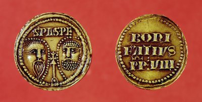 Segl med St. Pauls og St. Peters hoveder, fra en tyr af Pave Boniface VIII, recto og verso, 1295 (voks) af French School