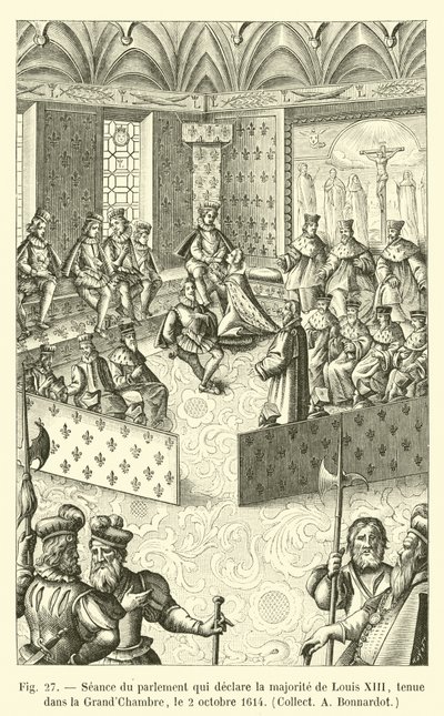 Møde i parlamentet, som erklærer flertallet af Ludvig XIII, afholdt i Storkammeret, 2. oktober 1614, Collect A Bonnardot af French School