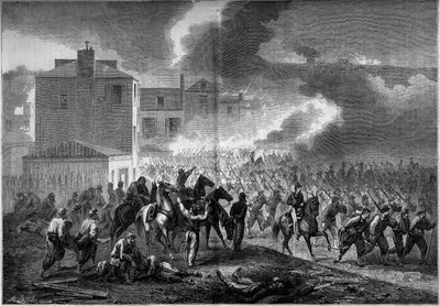 Løsrivelseskrig (1861-1865) eller amerikansk borgerkrig: evakuering af byen Korinth (Mississippi) i 1862. Indgravering i "" Le Monde Illustré"" nr. 275 af 19. juli 1862. af French School