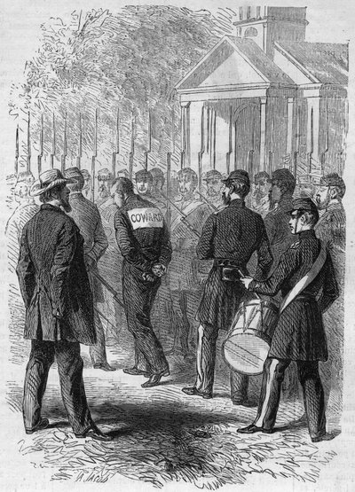 Løsrivelseskrig (1861-1865) eller amerikansk borgerkrig: straf af en soldat af det nordlige våben anklaget for hete i kamp. Med sine hænder bundet, et "Lache"-skilt på ryggen, krydser han lejren ved lyden af tromme. Indgravering i "" Le Monde Illustré"" nr af French School