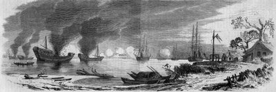 Anden opiumskrig mellem Frankrig og England og Kina (1858-1860): Kinesiske junks fyldt med brandfarlige materialer lanceret mod den engelske og franske flåde. Kina af French School